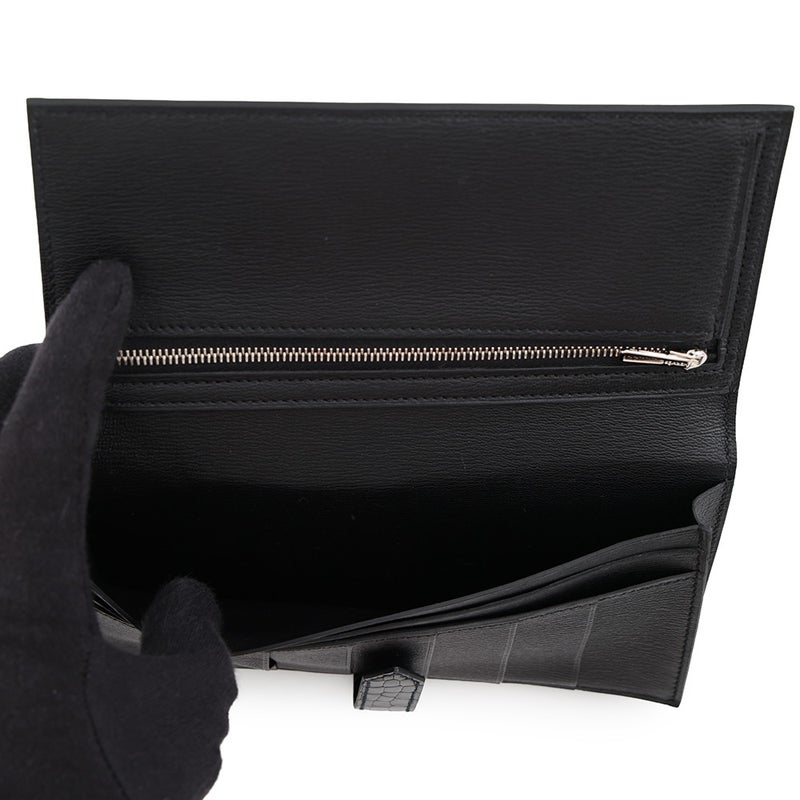 エルメス 長財布 ベアンスフレ ブラック/シルバー金具 アリゲーターシャイン K刻印 HERMES 黒