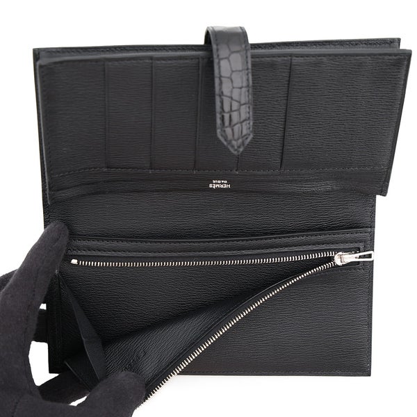 エルメス 長財布 ベアンスフレ ブラック/シルバー金具 アリゲーターシャイン K刻印 HERMES 黒