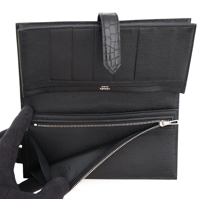 エルメス 長財布 ベアンスフレ ブラック/シルバー金具 アリゲーターシャイン K刻印 HERMES 黒