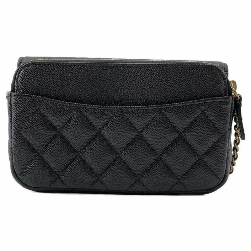 シャネル チェーンショルダーバッグ フラップ フォンケース マトラッセ ココマーク キャビアスキン AP2096 黒