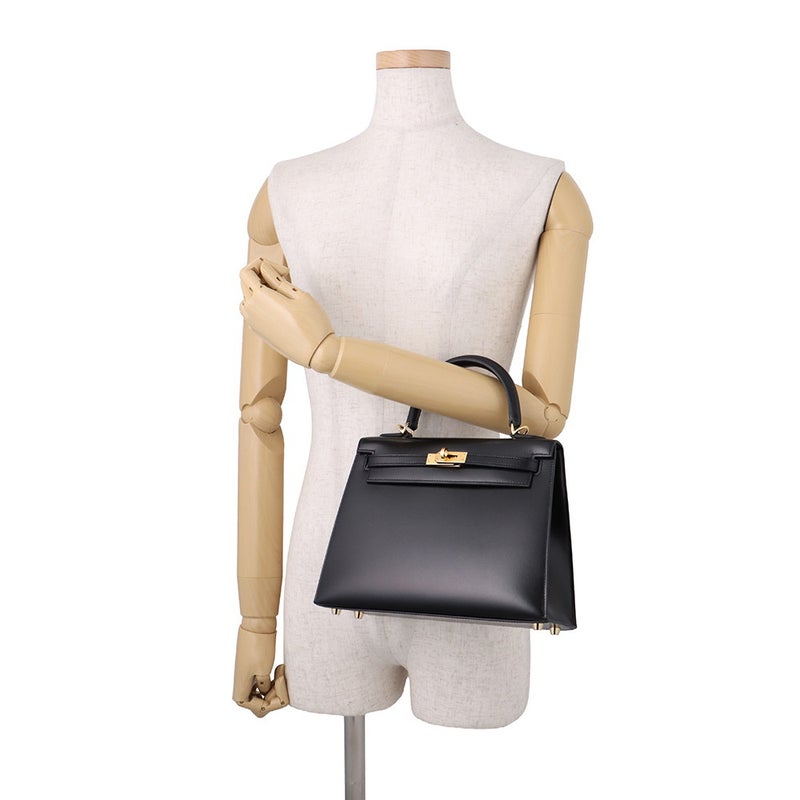 エルメス ハンドバッグ ケリー25 外縫い ブラック/ゴールド金具 ボックスカーフ K刻印 HERMES Kelly 2wayバッグ 黒
