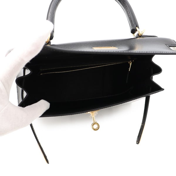 エルメス ハンドバッグ ケリー25 外縫い ブラック/ゴールド金具 ボックスカーフ K刻印 HERMES Kelly 2wayバッグ 黒