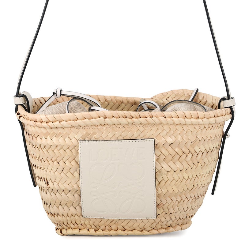 ロエベ ショルダーバッグ ドローストリング バケットバッグ ミニ ラフィア/レザー アナグラム A223222X01 LOEWE カゴバッグ 白