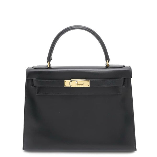 エルメス ケリー28 外縫い ブラック/ゴールド金具 ボックスカーフ 〇J刻印 HERMES 2wayショルダー 黒
