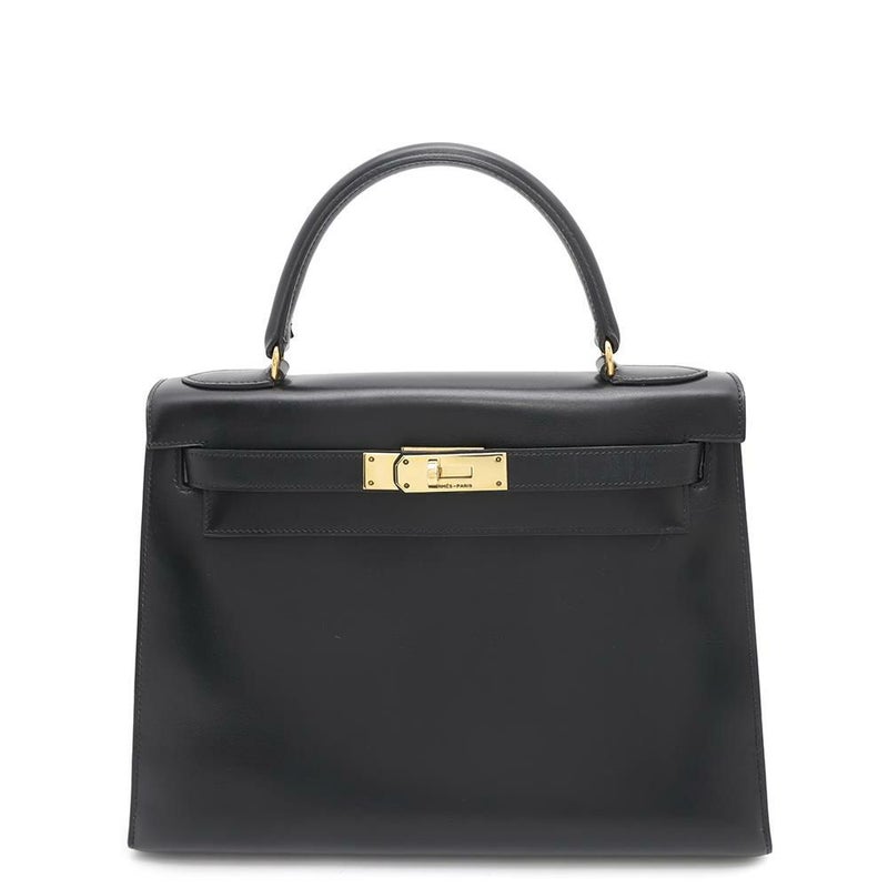 エルメス ケリー28 外縫い ブラック/ゴールド金具 ボックスカーフ 〇J刻印 HERMES 2wayショルダー 黒