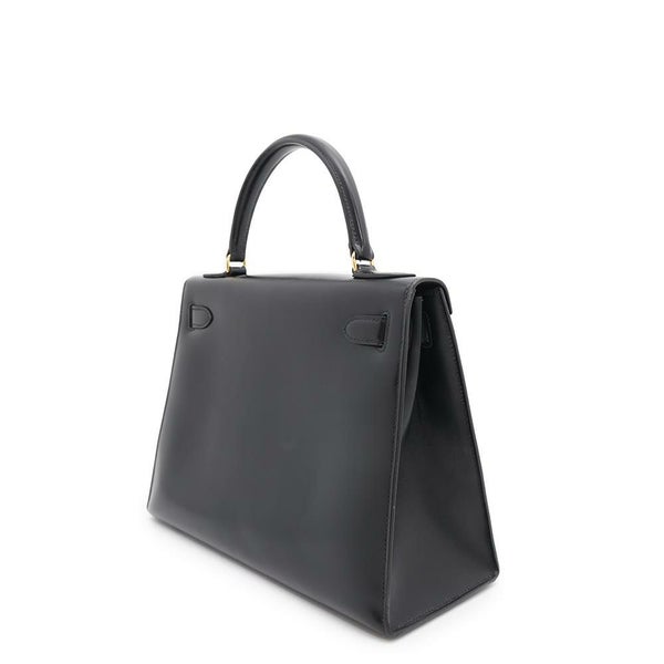 エルメス ケリー28 外縫い ブラック/ゴールド金具 ボックスカーフ 〇J刻印 HERMES 2wayショルダー 黒
