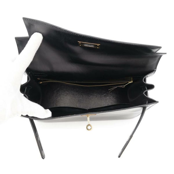 エルメス ケリー28 外縫い ブラック/ゴールド金具 ボックスカーフ 〇J刻印 HERMES 2wayショルダー 黒