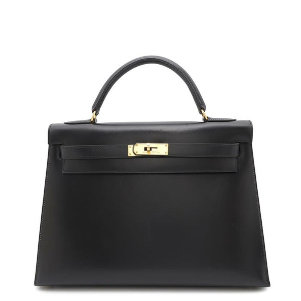 エルメス ハンドバッグ ケリー32 外縫い ブラック/ブラック/ゴールド金具 ボックスカーフ 〇W刻印 黒