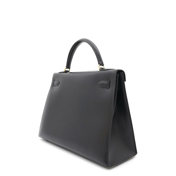 エルメス ハンドバッグ ケリー32 外縫い ブラック/ブラック/ゴールド金具 ボックスカーフ 〇W刻印 黒