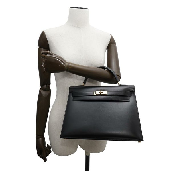 エルメス ハンドバッグ ケリー32 外縫い ブラック/ブラック/ゴールド金具 ボックスカーフ 〇W刻印 黒