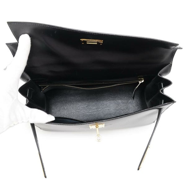 エルメス ハンドバッグ ケリー32 外縫い ブラック/ブラック/ゴールド金具 ボックスカーフ 〇W刻印 黒