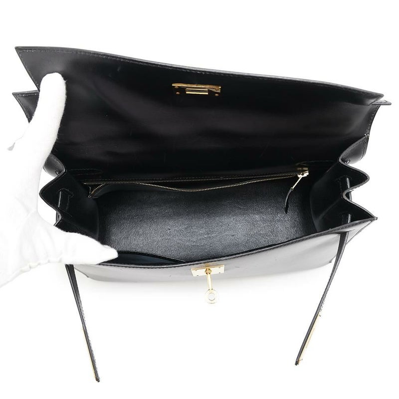 エルメス ハンドバッグ ケリー32 外縫い ブラック/ブラック/ゴールド金具 ボックスカーフ 〇W刻印 黒