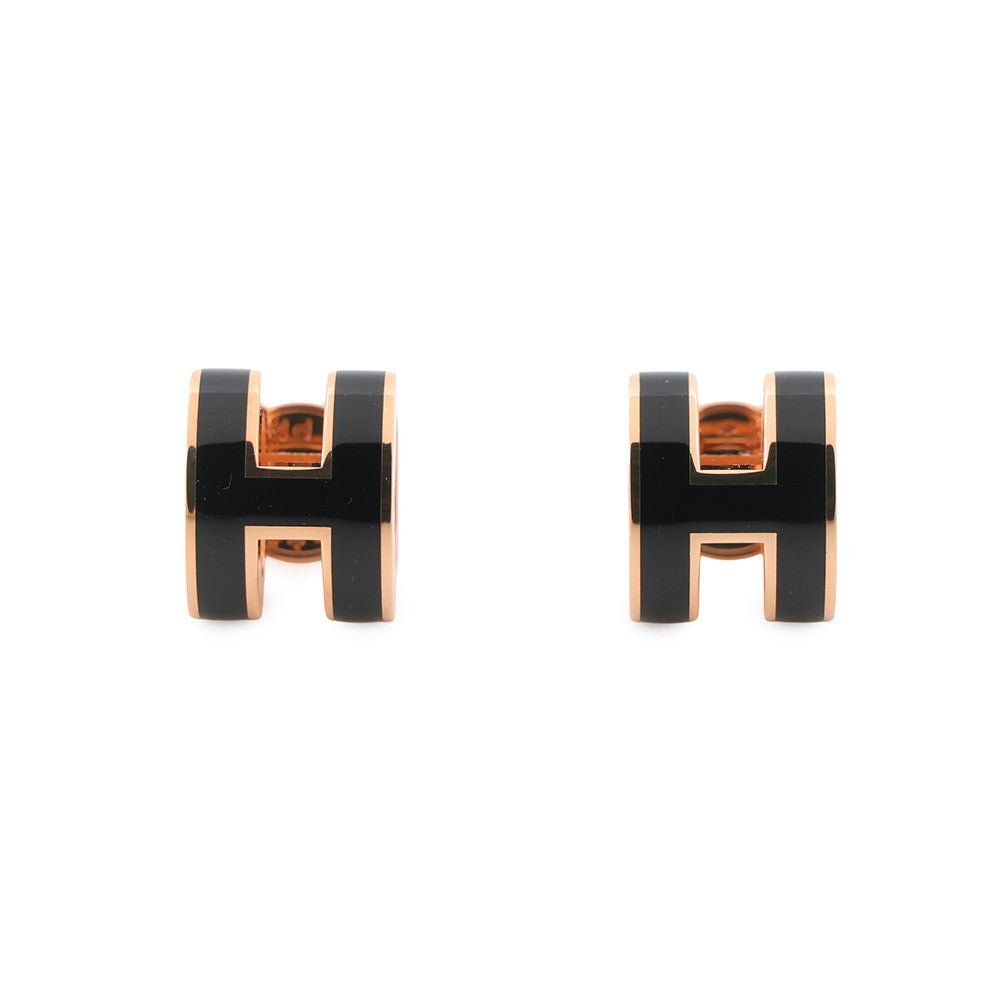 HERMESエルメス　ポップアッシュミニピアス　ブラック/ゴールド　Hモチーフ エルメス ピアス ミニ・ポップアッシュ ブラック/ピンクゴールド金具