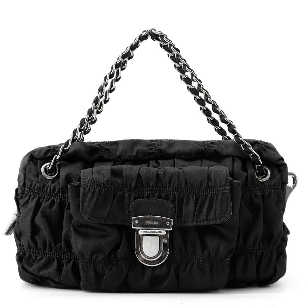 プラダ ハンドバッグ チェーン付き プラダ チェーンハンドバッグ ギャザー ロゴ ナイロン PRADA バッグ 黒