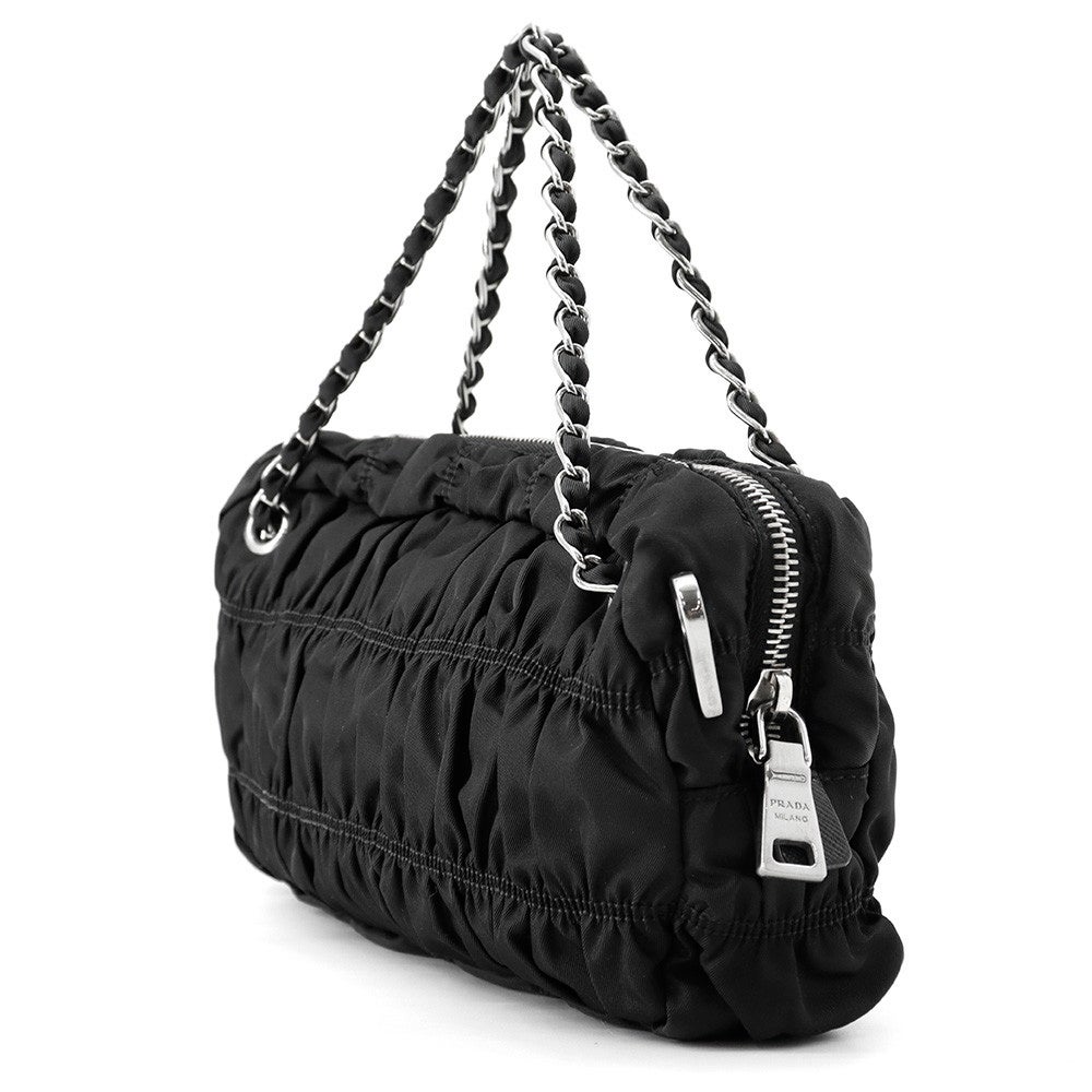 プラダ チェーンハンドバッグ ギャザー ロゴ ナイロン PRADA バッグ 黒