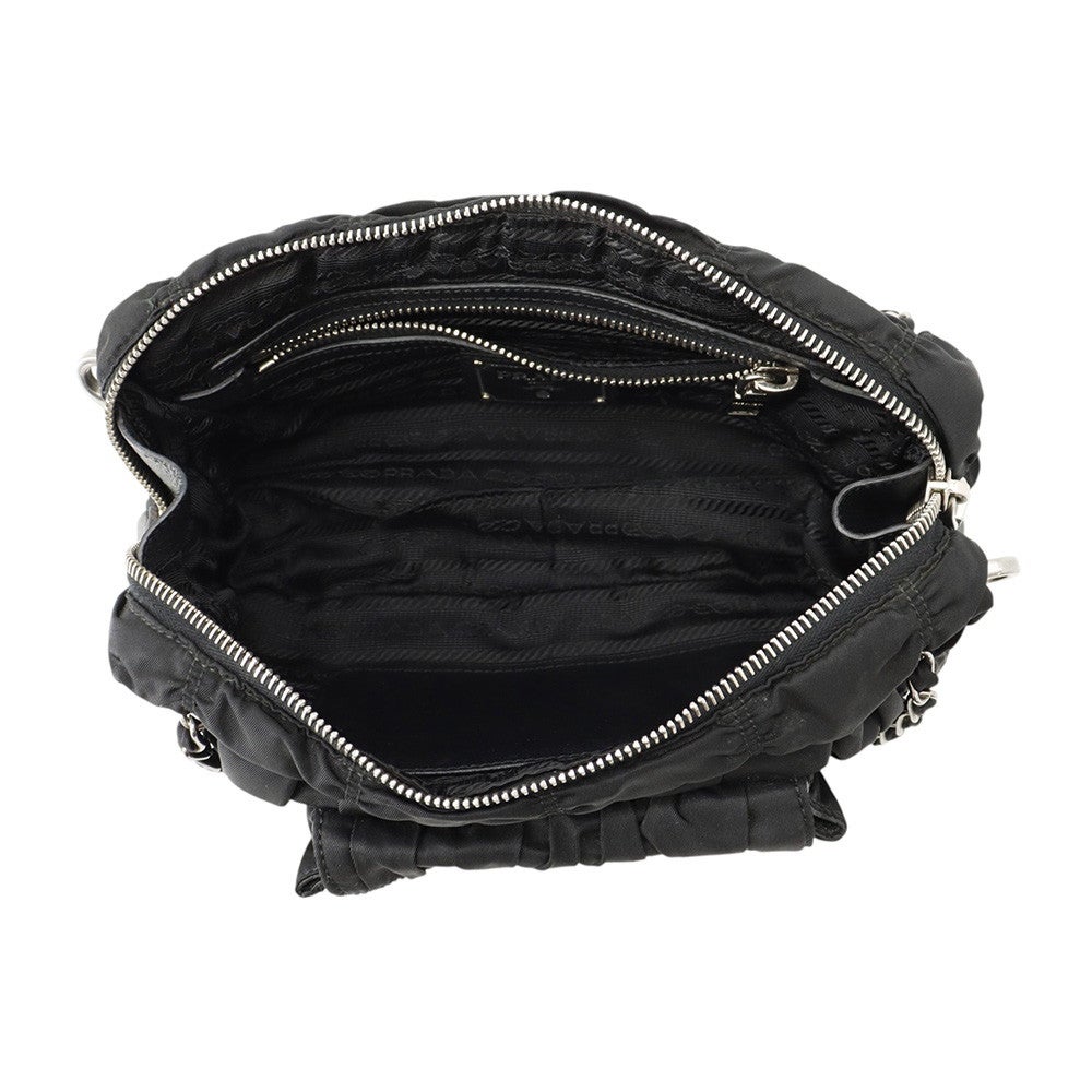 プラダ チェーンハンドバッグ ギャザー ロゴ ナイロン PRADA バッグ 黒