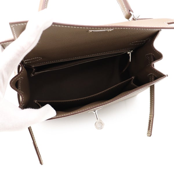 エルメス ハンドバッグ ケリー25 外縫い エトゥープ/シルバー金具 エプソン G刻印 HERMES Kelly 2wayバッグ