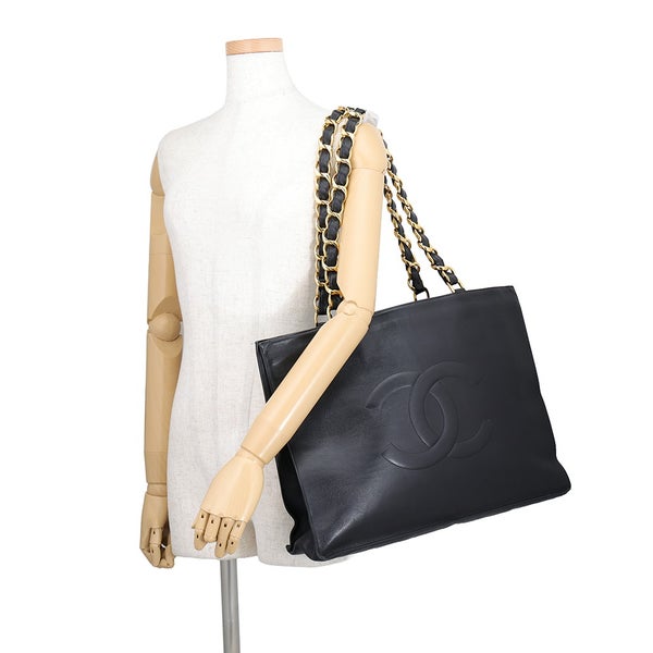 シャネル トートバッグ ココマーク レザー CHANEL バッグ デカココ チェーントート 黒