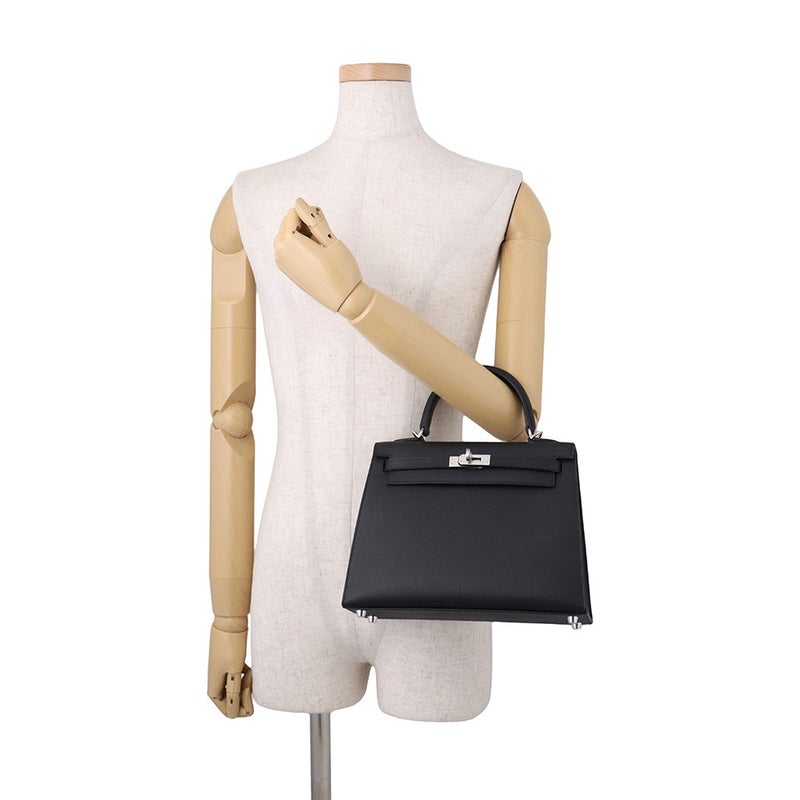 エルメス ハンドバッグ ケリー25 外縫い ブラック/シルバー金具 エプソン G刻印 HERMES Kelly 2wayバッグ 黒
