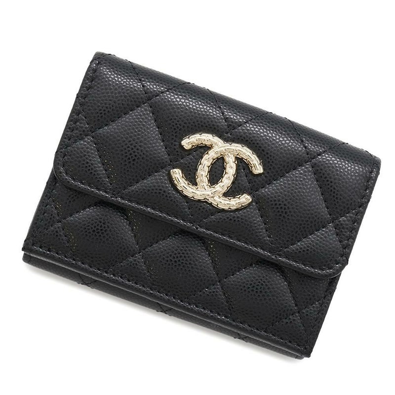 シャネル 三つ折り財布 マトラッセ ココマーク コンパクトウォレット キャビアスキン AP4084 CHANEL 財布 黒