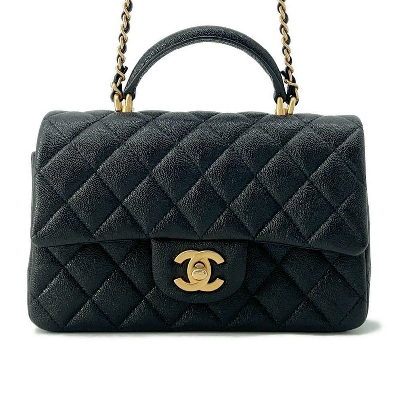 シャネル チェーンショルダーバッグ マトラッセ ココマーク トップハンドル ミニ キャビアスキン AS2431 黒