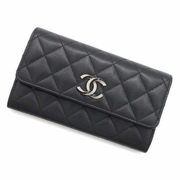シャネル 長財布 マトラッセ フラップ ココマーク ラインストーン キャビアスキン AP3339 財布 黒