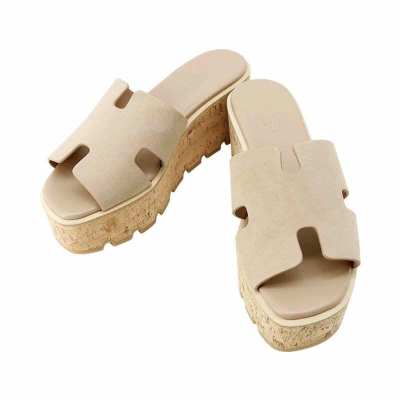 エルメス サンダル エズ30 EZE シェーヴル・ヴェロア コルク レディースサイズ37 HERMES 靴 ウェッジソール Hロゴ