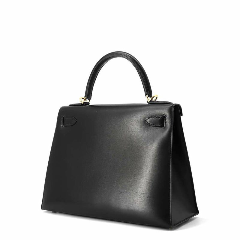 エルメス ハンドバッグ ケリー28 外縫い ブラック/ゴールド金具 ボックスカーフ □C刻印 HERMES Kelly 2wayバッグ 黒