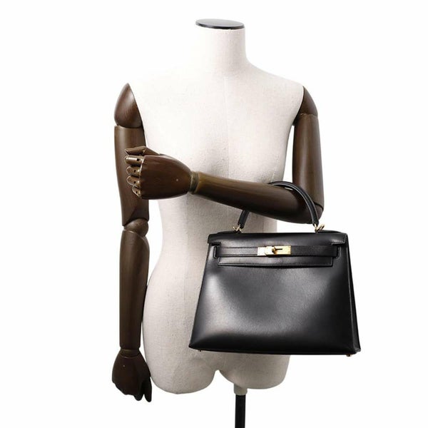 エルメス ハンドバッグ ケリー28 外縫い ブラック/ゴールド金具 ボックスカーフ □C刻印 HERMES Kelly 2wayバッグ 黒