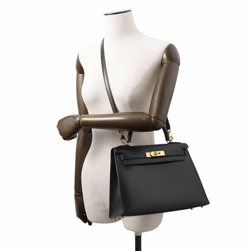 エルメス ハンドバッグ ケリー28 外縫い ブラック/ゴールド金具 ボックスカーフ □C刻印 HERMES Kelly 2wayバッグ 黒