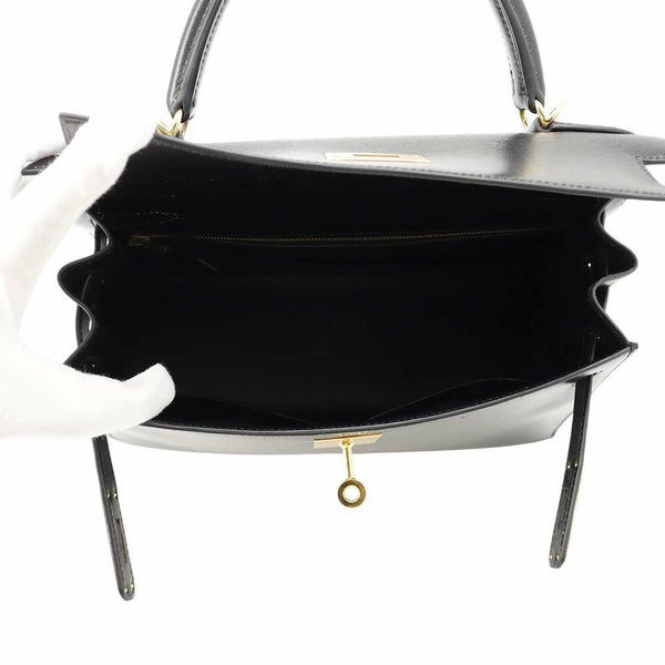 エルメス ハンドバッグ ケリー28 外縫い ブラック/ゴールド金具 ボックスカーフ □C刻印 HERMES Kelly 2wayバッグ 黒