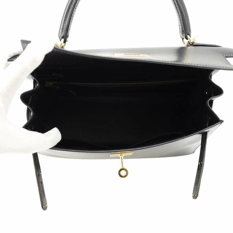 エルメス ハンドバッグ ケリー28 外縫い ブラック/ゴールド金具 ボックスカーフ □C刻印 HERMES Kelly 2wayバッグ 黒