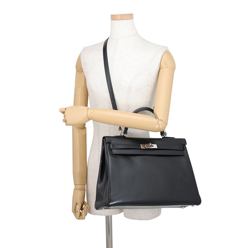 エルメス ハンドバッグ ケリー35 内縫い ブラック/シルバー金具 ボックスカーフ □J刻印 HERMES Kelly 2wayバッグ 黒