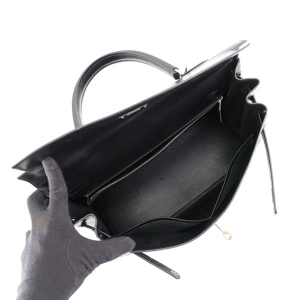 エルメス ハンドバッグ ケリー35 内縫い ブラック/シルバー金具 ボックスカーフ □J刻印 HERMES Kelly 2wayバッグ 黒