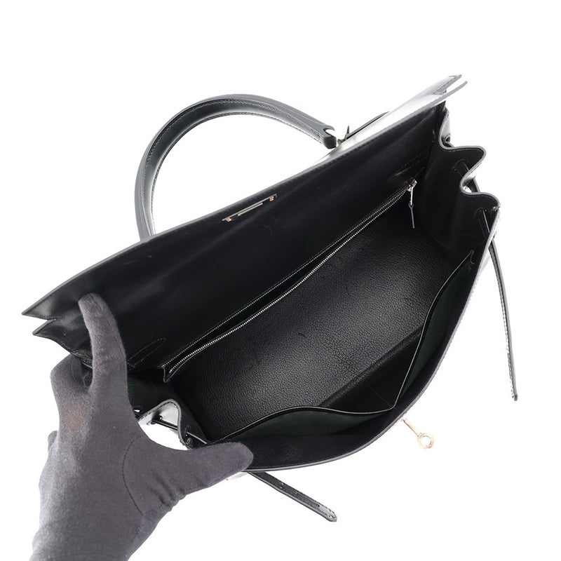 エルメス ハンドバッグ ケリー35 内縫い ブラック/シルバー金具 ボックスカーフ □J刻印 HERMES Kelly 2wayバッグ 黒