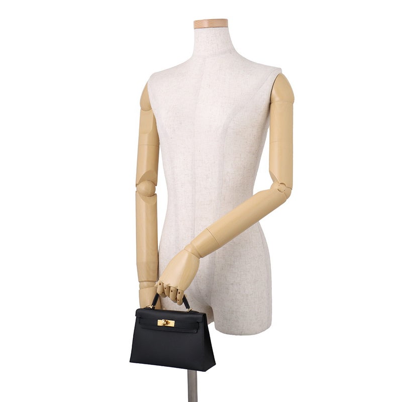エルメス ハンドバッグ ミニケリー 外縫い ブラック/ゴールド金具 エプソン G刻印 HERMES Kelly 2wayバッグ 黒