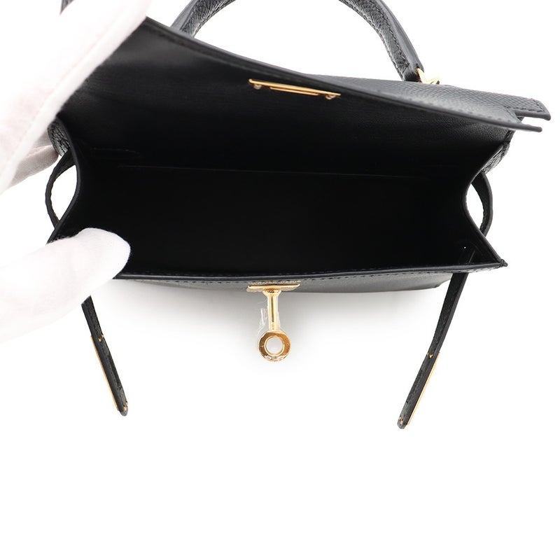 エルメス ハンドバッグ ミニケリー 外縫い ブラック/ゴールド金具 エプソン G刻印 HERMES Kelly 2wayバッグ 黒