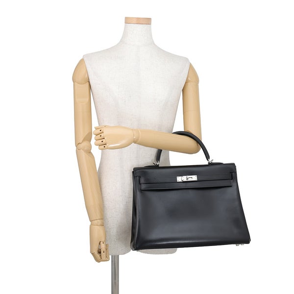 エルメス ハンドバッグ ケリー35 内縫い ブラック/シルバー金具 ボックスカーフ □F刻印 HERMES Kelly 2wayバッグ 黒