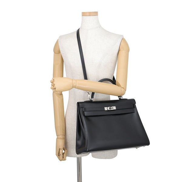 エルメス ハンドバッグ ケリー35 内縫い ブラック/シルバー金具 ボックスカーフ □F刻印 HERMES Kelly 2wayバッグ 黒