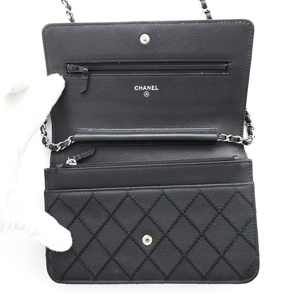 シャネル チェーンウォレット ワイルドステッチ ココマーク レザー CHANEL 財布 黒