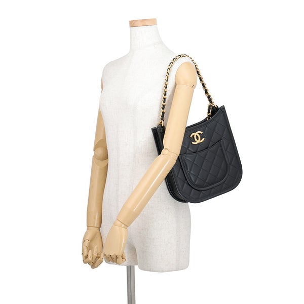 シャネル チェーンショルダーバッグ マトラッセ ココマーク ホーボー ラムスキン CHANEL 2ｗay 黒