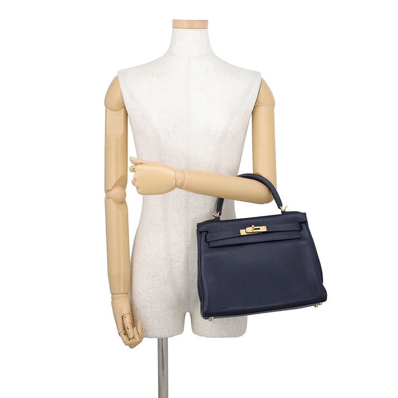 エルメス ハンドバッグ ケリー28 内縫い ブルーニュイ/ゴールド金具 トリヨンクレマンス X刻印 HERMES Kelly 2wayショルダー