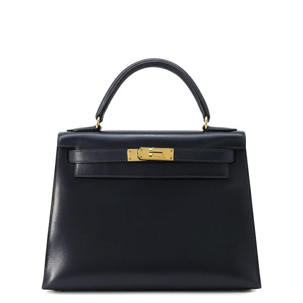 エルメス ハンドバッグ ケリー28 外縫い ブルーインディゴ/ゴールド金具 ボックスカーフ □C刻印 2wayショルダー