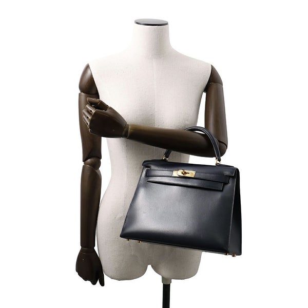 エルメス ハンドバッグ ケリー28 外縫い ブルーインディゴ/ゴールド金具 ボックスカーフ □C刻印 2wayショルダー