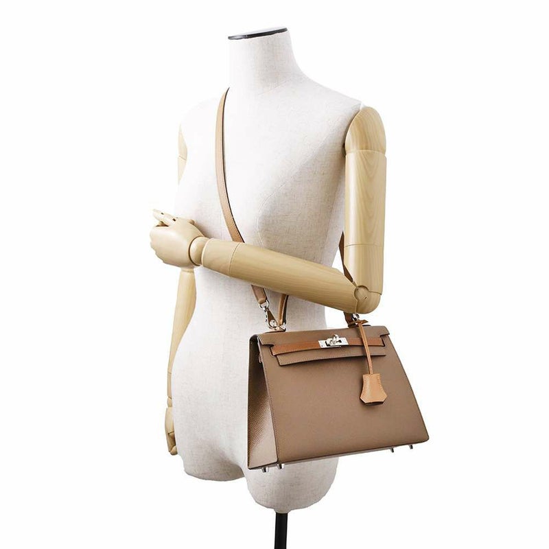 エルメス ケリー25 トリコロール 外縫い エトゥープ/ビスキュイ/アルザン/シルバー金具 ヴォーエプソン Z刻印 2way