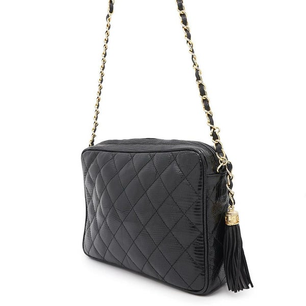 シャネル チェーンショルダーバッグ マトラッセ ココマーク タッセル リザード CHANEL 黒