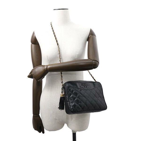 シャネル チェーンショルダーバッグ マトラッセ ココマーク タッセル リザード CHANEL 黒