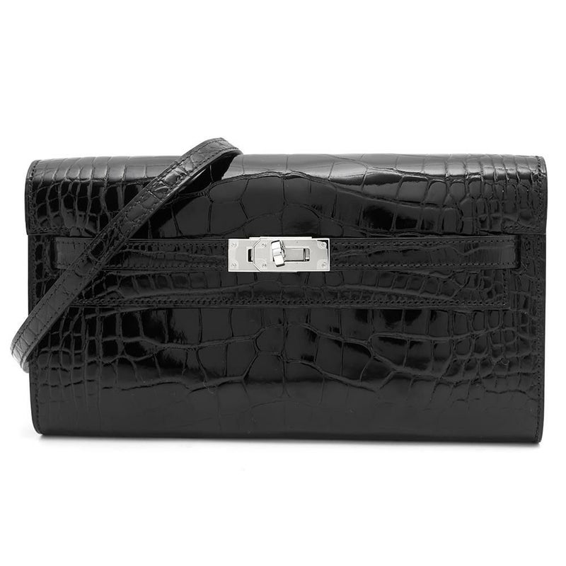 エルメス ケリーウォレット ロング トゥーゴー ブラック/シルバー金具 アリゲーターシャイン B刻印 黒