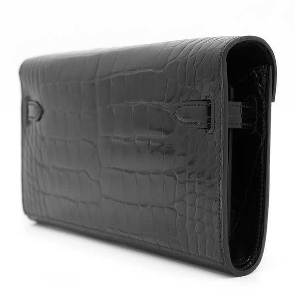 エルメス ケリーウォレット ロング トゥーゴー ブラック/シルバー金具 アリゲーターシャイン B刻印 黒