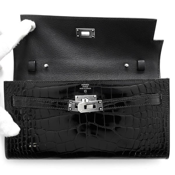 エルメス ケリーウォレット ロング トゥーゴー ブラック/シルバー金具 アリゲーターシャイン B刻印 黒